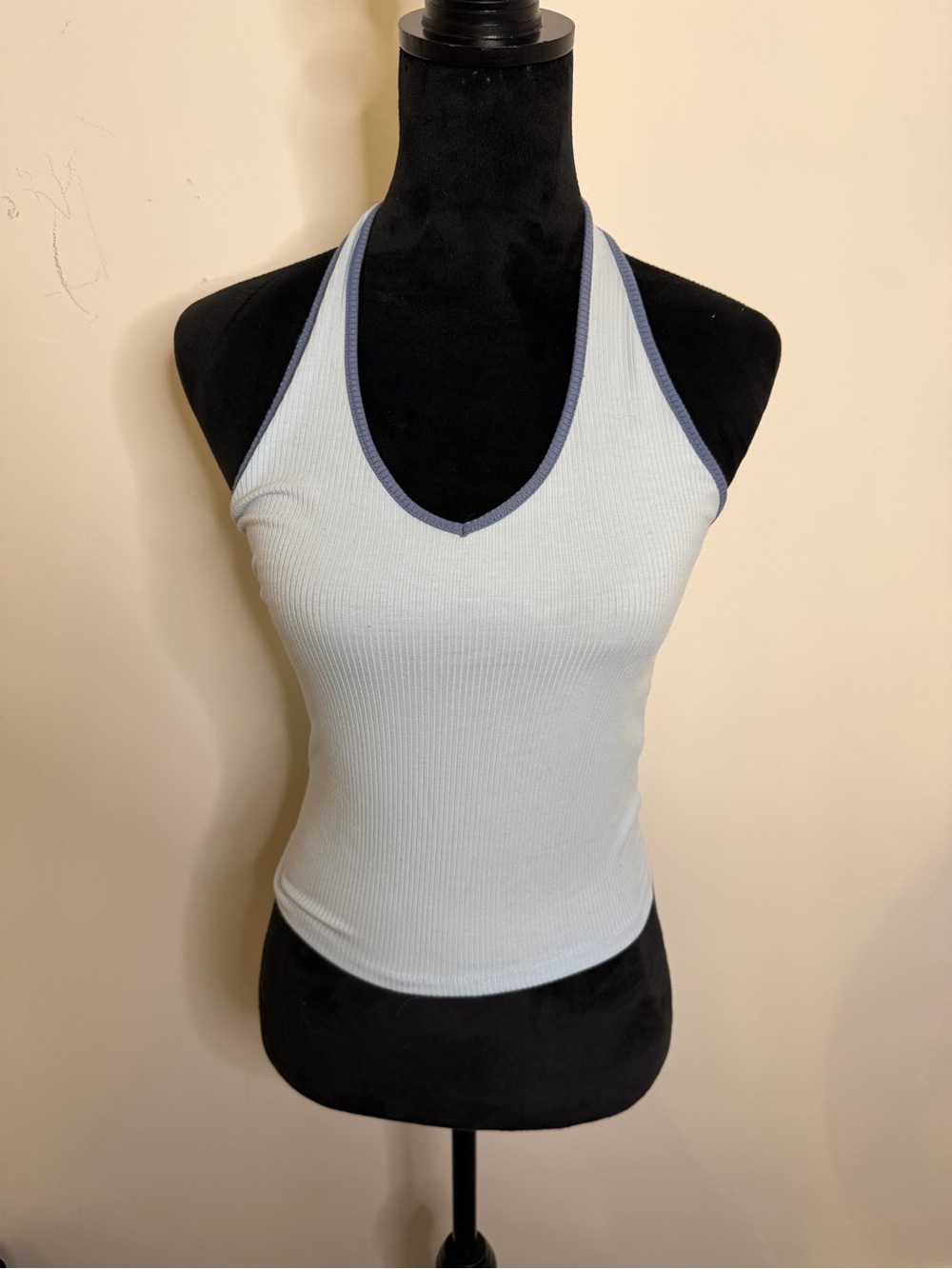 American Eagle Outfitters Light Blue Ribbed Halter with Navy Edge